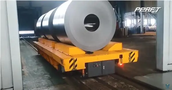 battery electric rail platform transfer cart to transport coil